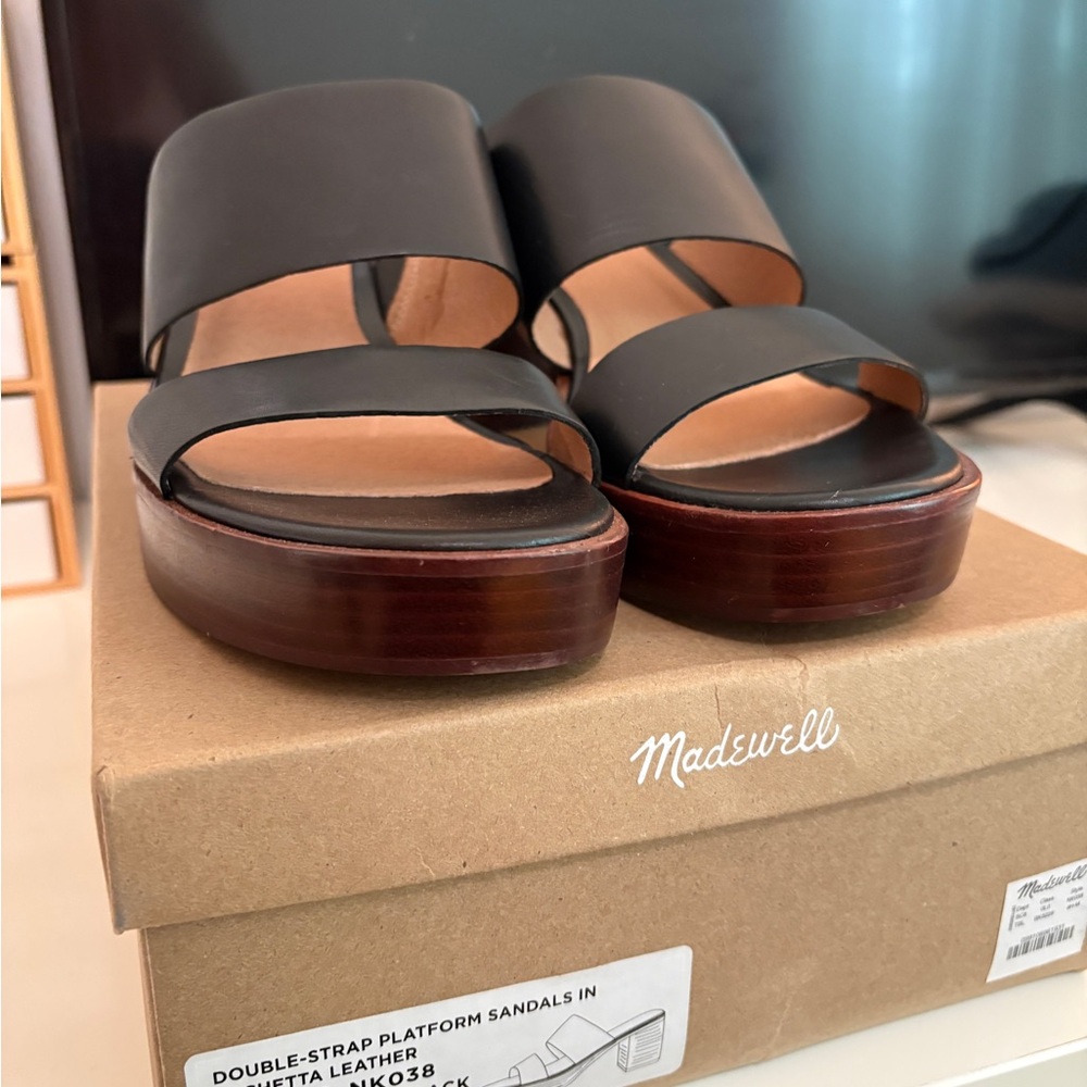 Madewell Black Leather Double-Strap Platform Sandals with Brown Stacked Sole